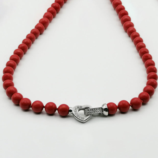 Collana in Corallo Rosso con Susta a Cuore in Argento e Strass