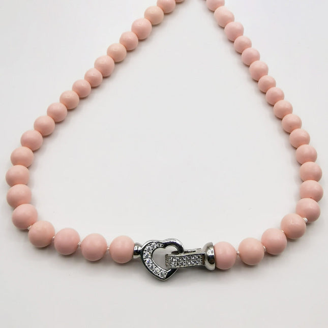 Collana in Corallo Rosa con Susta a Cuore in Argento e Strass